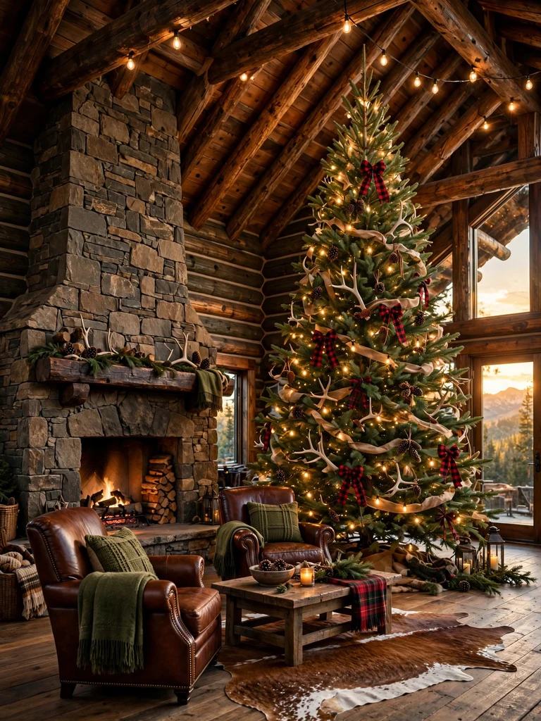 Tall pine Christmas tree with burlap ribbon and antler ornaments in a timber mountain lodge