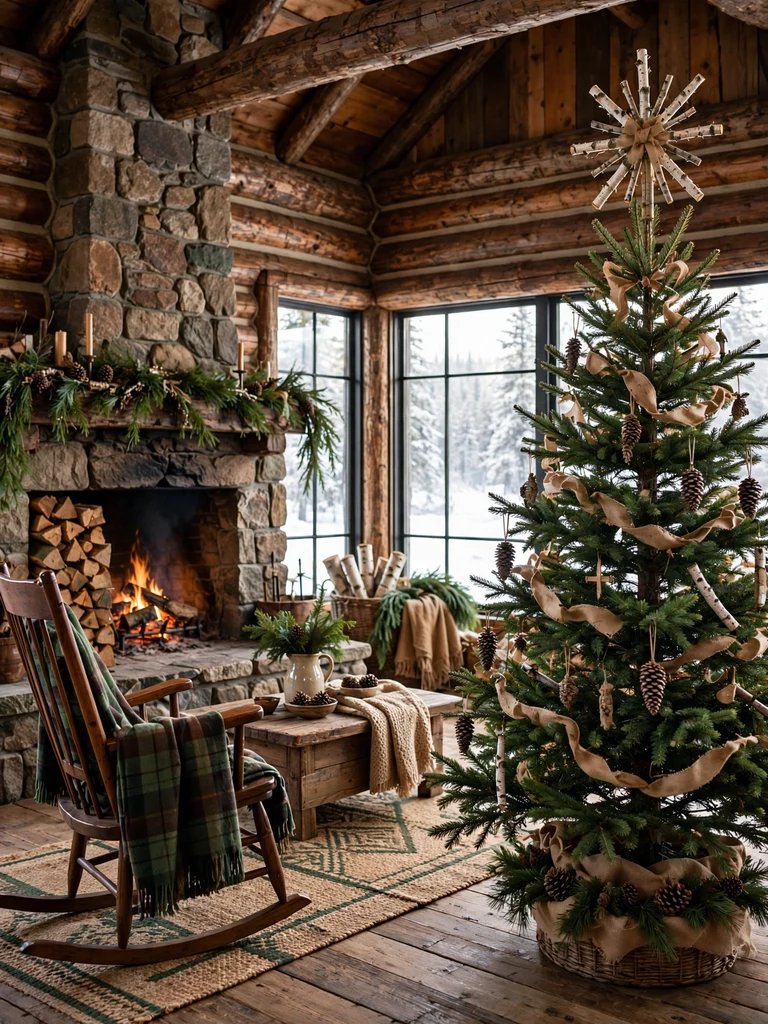 Handmade twig starburst tree topper on a spruce tree in a rustic log cabin
