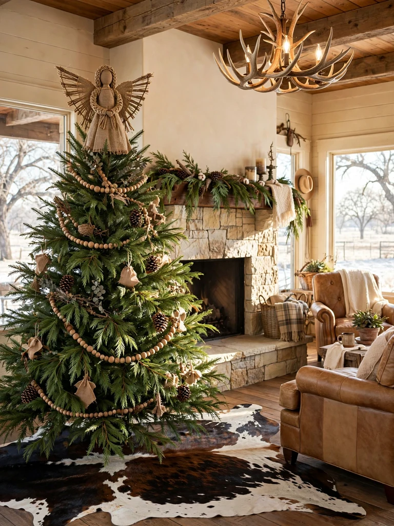 Rustic woven twine angel tree topper on a cedar tree in a Texas ranch house