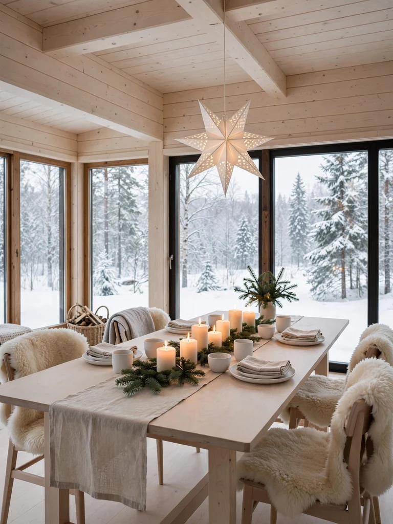 Minimalist Nordic cabin Christmas table with birch wood, white stoneware and fir sprigs at midday