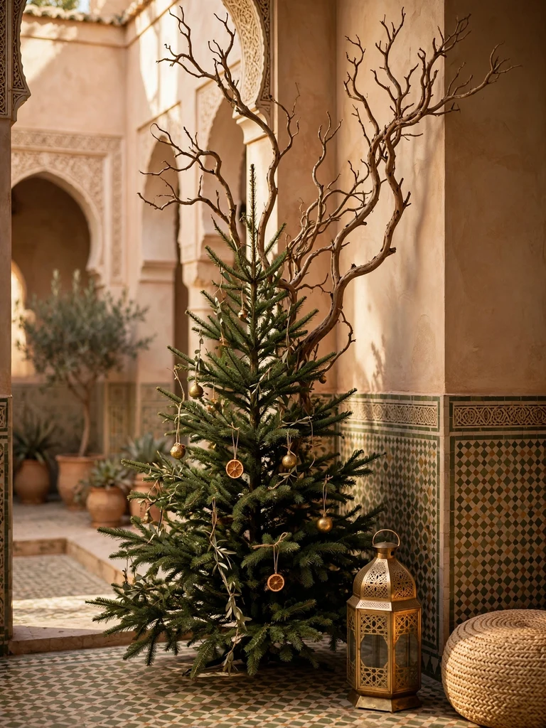 Sculptural bare manzanita branches rising above an olive-green Christmas tree in a Moroccan riad