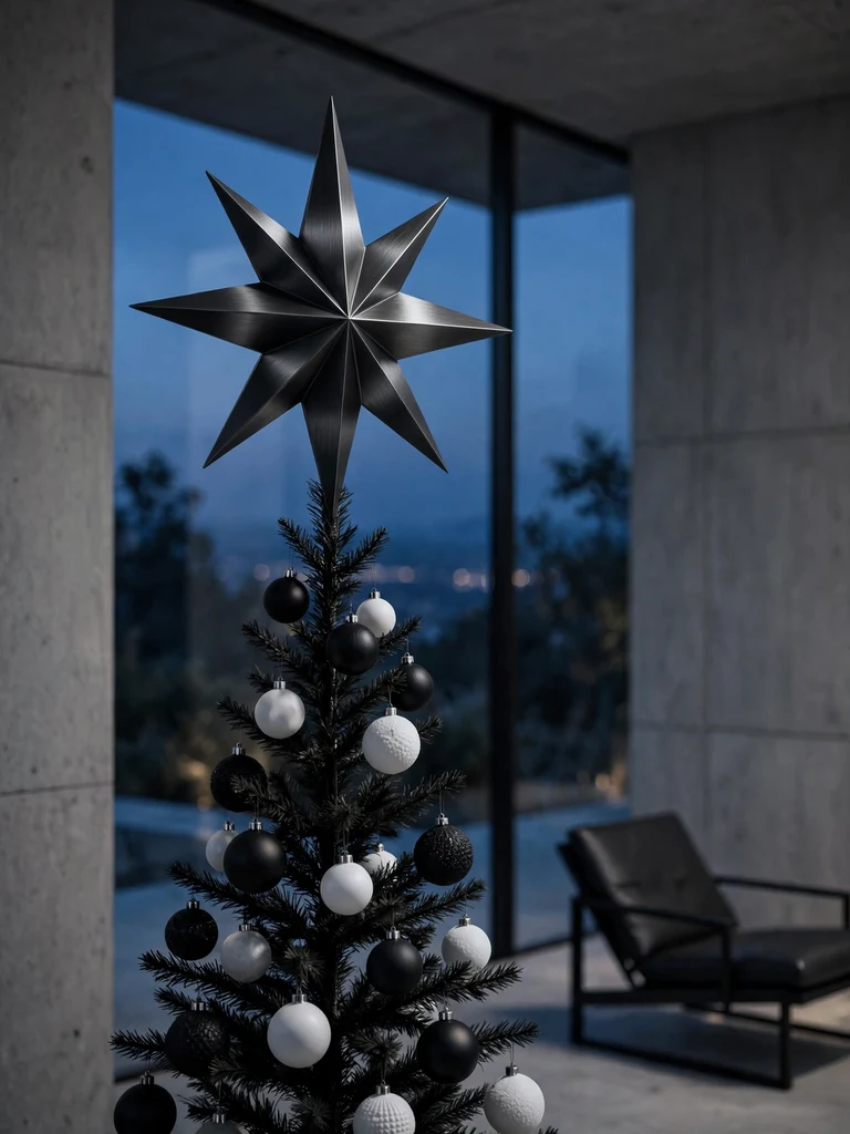 Sculptural black metal star tree topper in a minimalist concrete villa at dusk