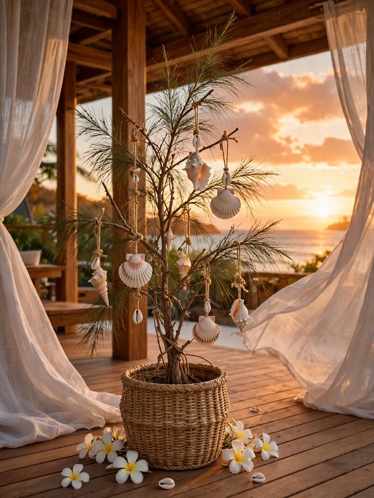 Seashell ornaments tied with twine on a casuarina branch tree in a tropical open-air pavilion