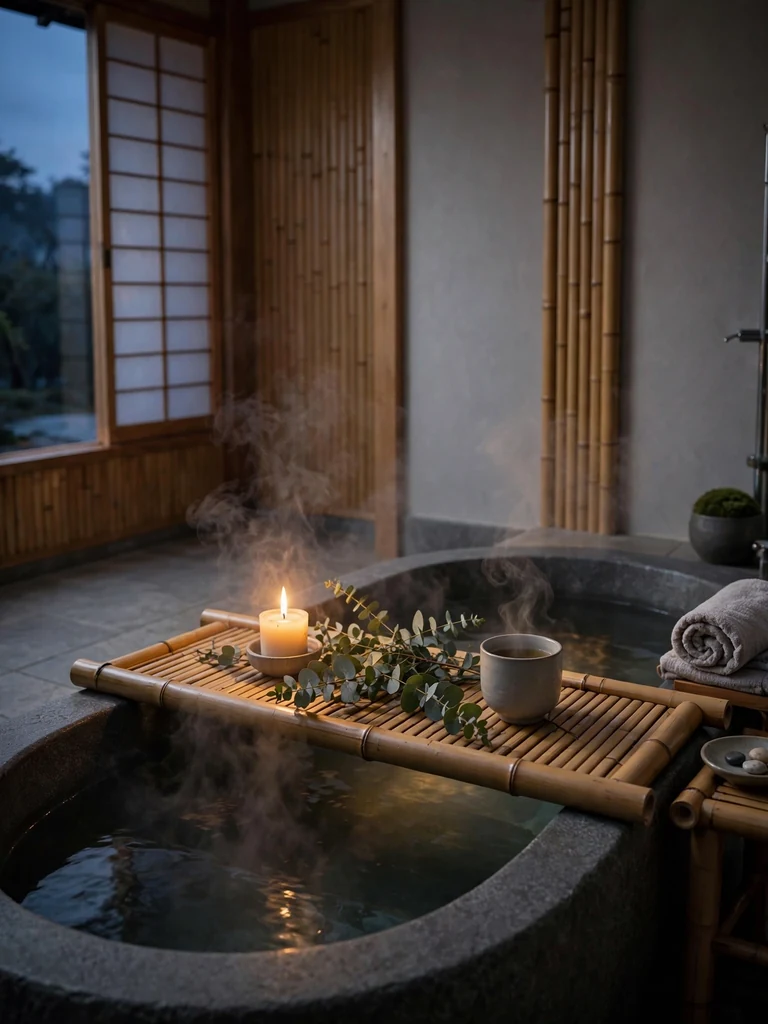 Japanese zen bathroom at dusk with a bamboo bathtub tray holding a candle, eucalyptus and tea cup over a soaking tub