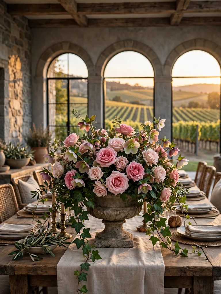 Classical stone urn overflowing with garden roses, hellebores and ivy on harvest table