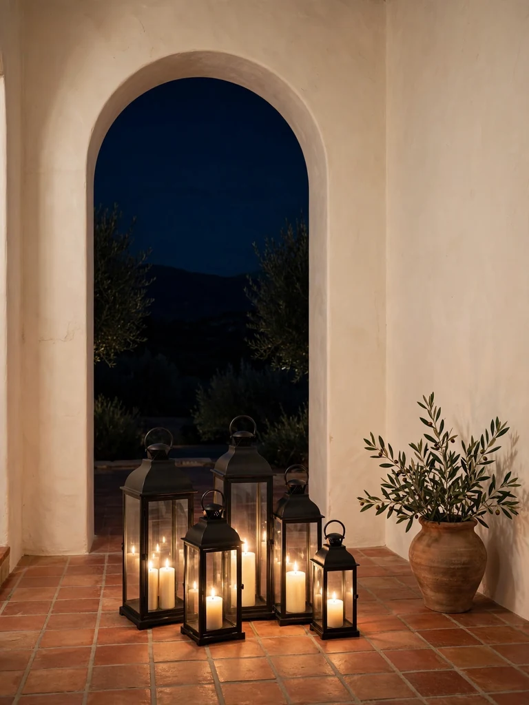 Mediterranean villa foyer at night with glowing black metal lanterns on terracotta tile beneath an arched doorway