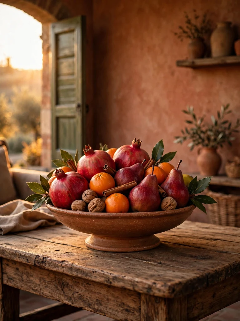 Tuscan villa with a footed bowl of pomegranates, clementines and winter pears with bay leaves and walnuts at golden hour