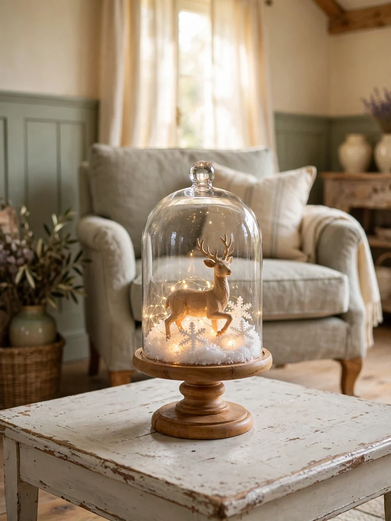 French country living room with a glass cloche enclosing a deer figurine, fairy lights and faux snow on a wood base