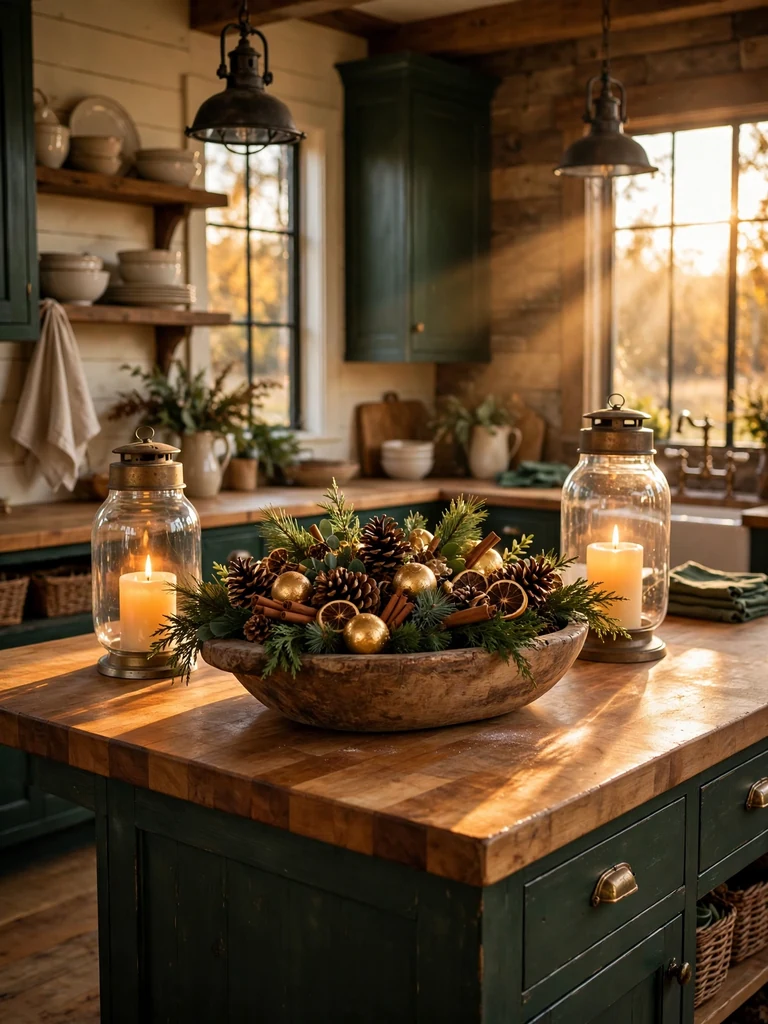 Rustic farmhouse kitchen island with dough bowl of pinecones and gilded ornaments beside glowing hurricane lanterns