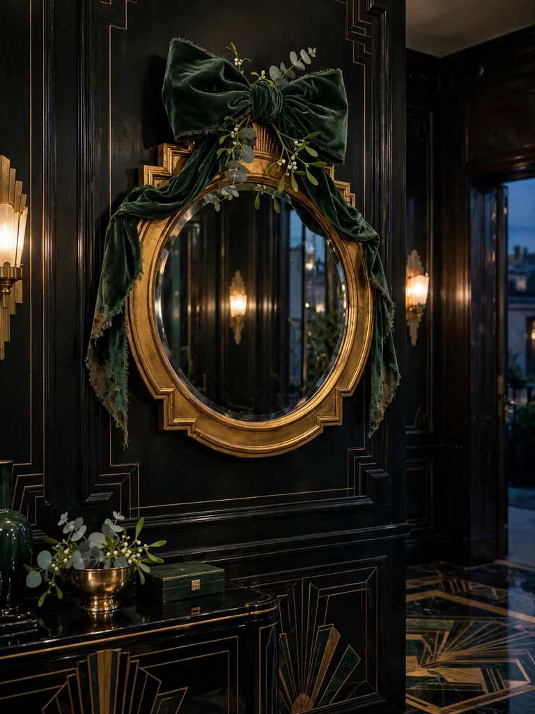 Art deco foyer with a gilded round mirror crowned by a forest green velvet bow and eucalyptus