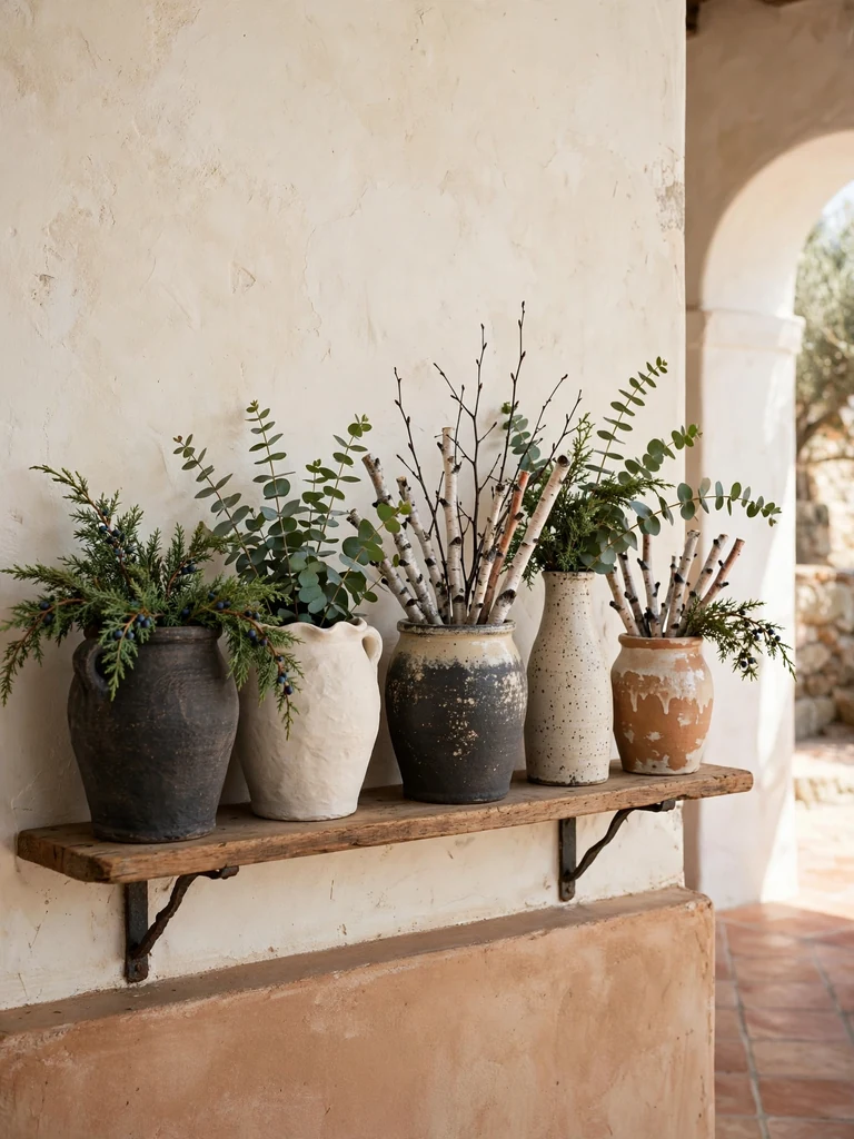 Stoneware crocks and ceramic vases filled with juniper and eucalyptus on a rustic Mediterranean shelf