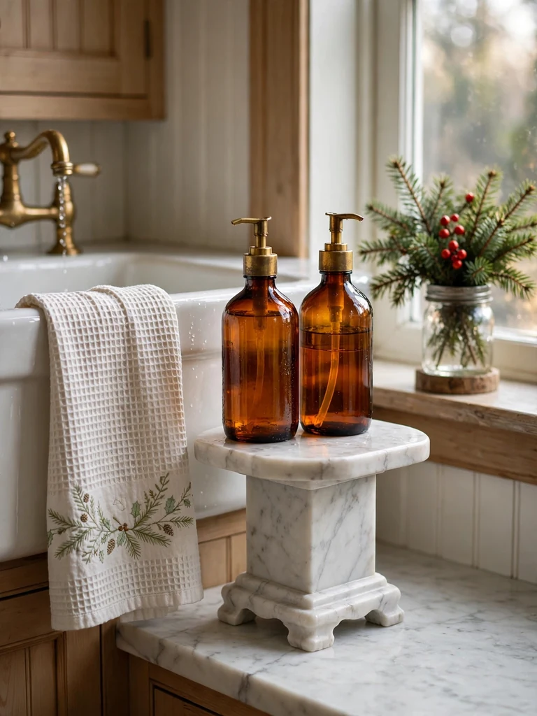 Craftsman bungalow kitchen sink with amber soap bottles on marble pedestal and embroidered waffle towel