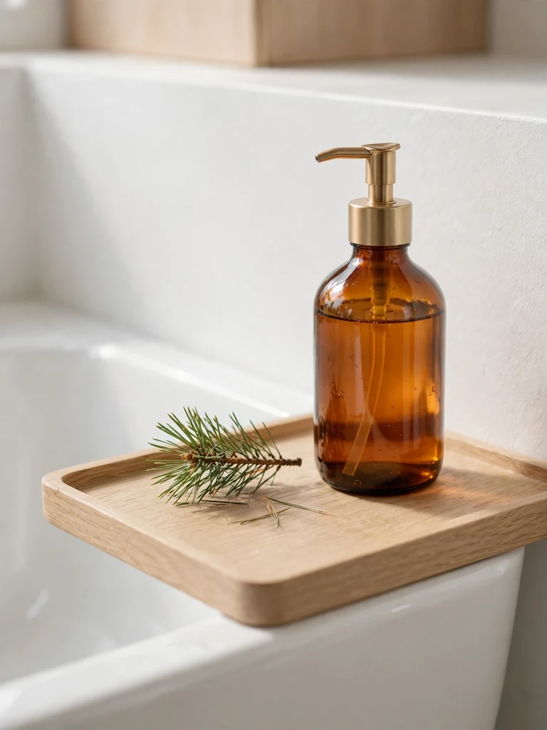 Minimalist Scandinavian bathroom close-up of an amber glass soap dispenser with brass pump and pine sprig on an oak tray