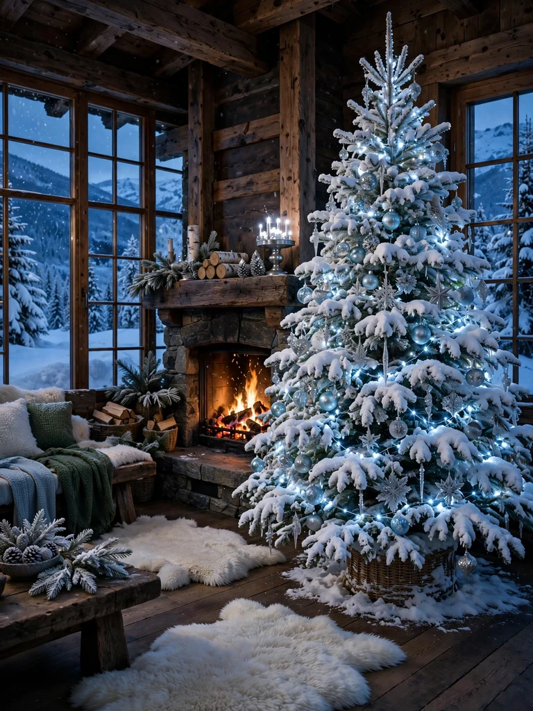 Snow-flocked Christmas tree with icy blue ornaments in an alpine chalet at blue hour