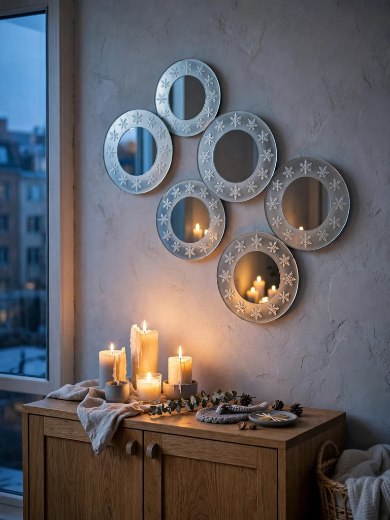 Cluster of snowflake-etched round mirrors reflecting candlelight in a Danish hygge apartment
