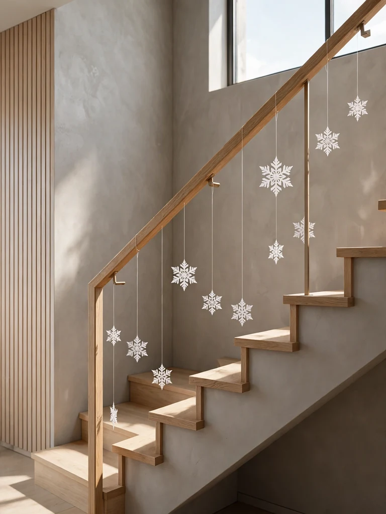 Japandi minimalist staircase at midday with white paper snowflakes hanging from the oak handrail