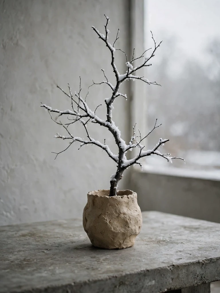 Snow-dusted bare branch in handmade ceramic vessel on raw concrete table