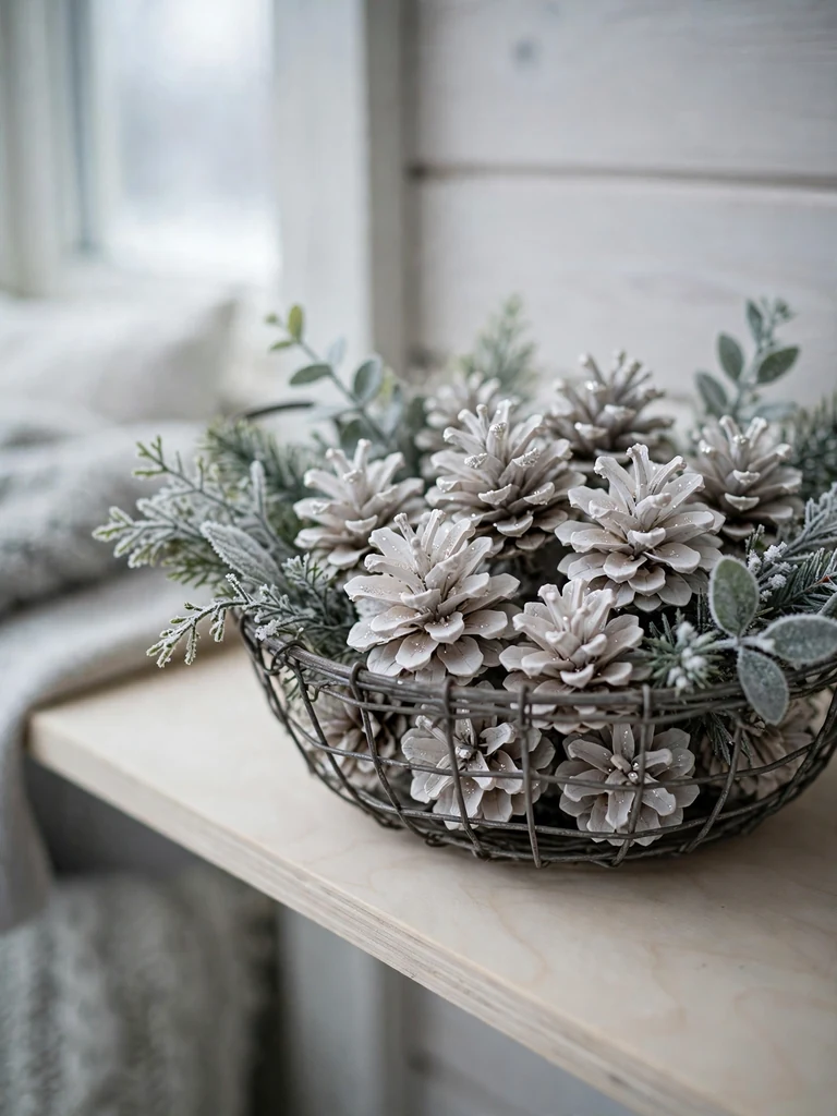 Bleached pinecones with white-tipped scales piled in a wire basket on a birch shelf