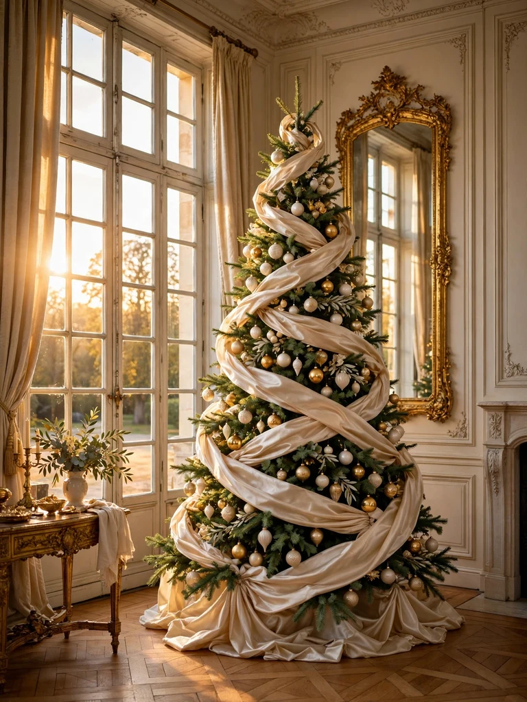 Christmas tree wrapped in a spiral of champagne satin ribbon with gold baubles in a French chateau salon
