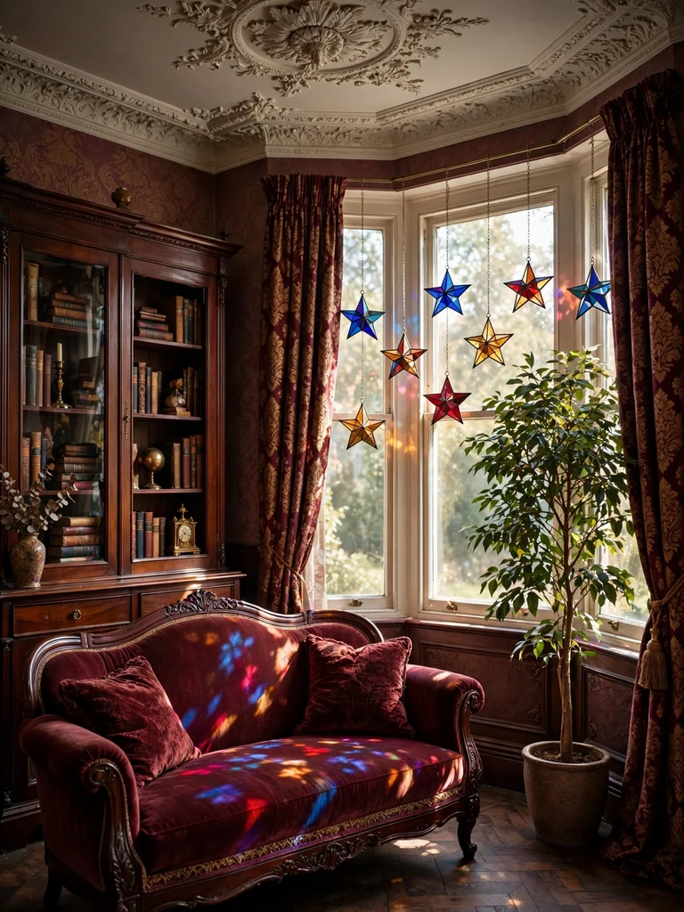 Stained glass star ornaments in cobalt, ruby and amber on a tree in a Victorian parlor