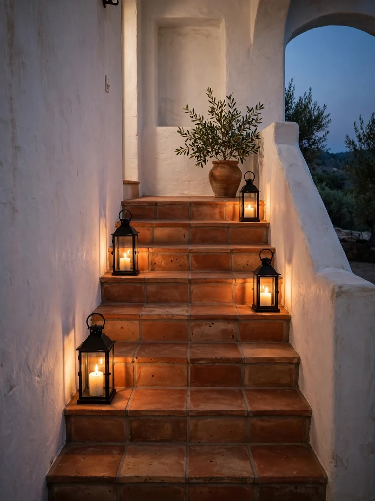 Mediterranean villa staircase at dusk with glowing black lanterns on terracotta stair treads