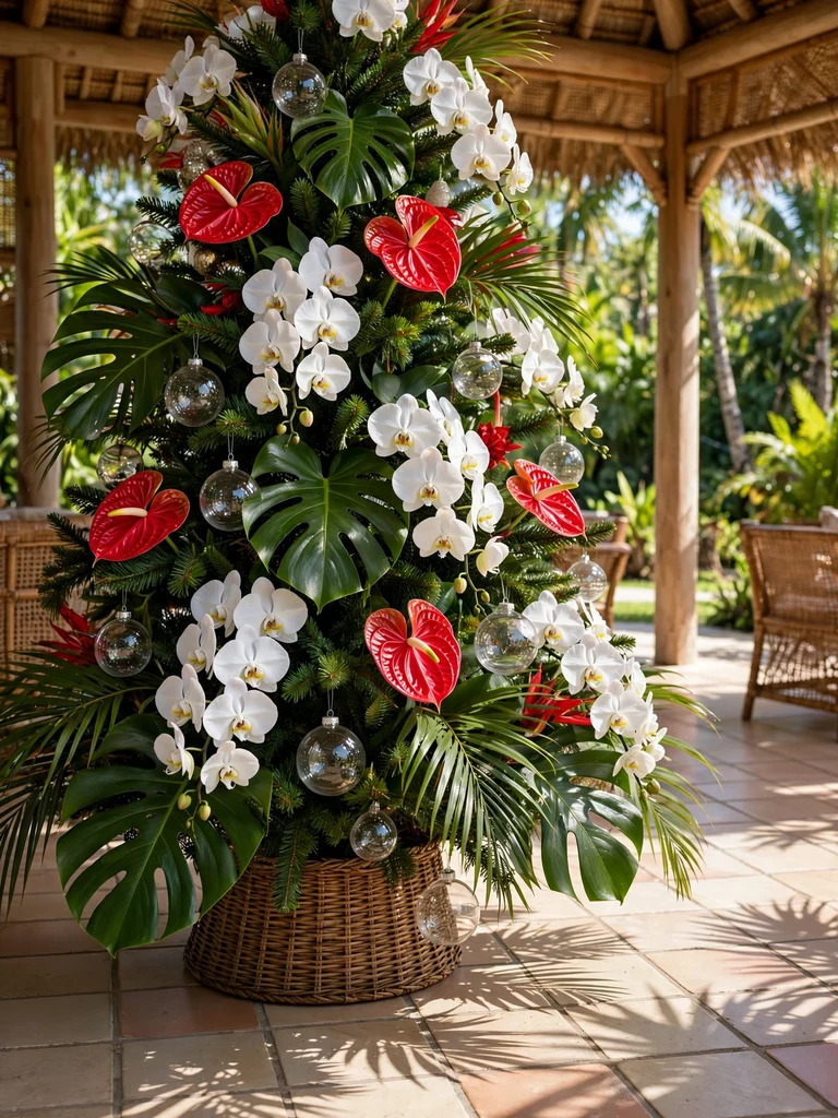 Long-stemmed white orchids and red anthuriums rising above a Christmas tree in a tropical pavilion