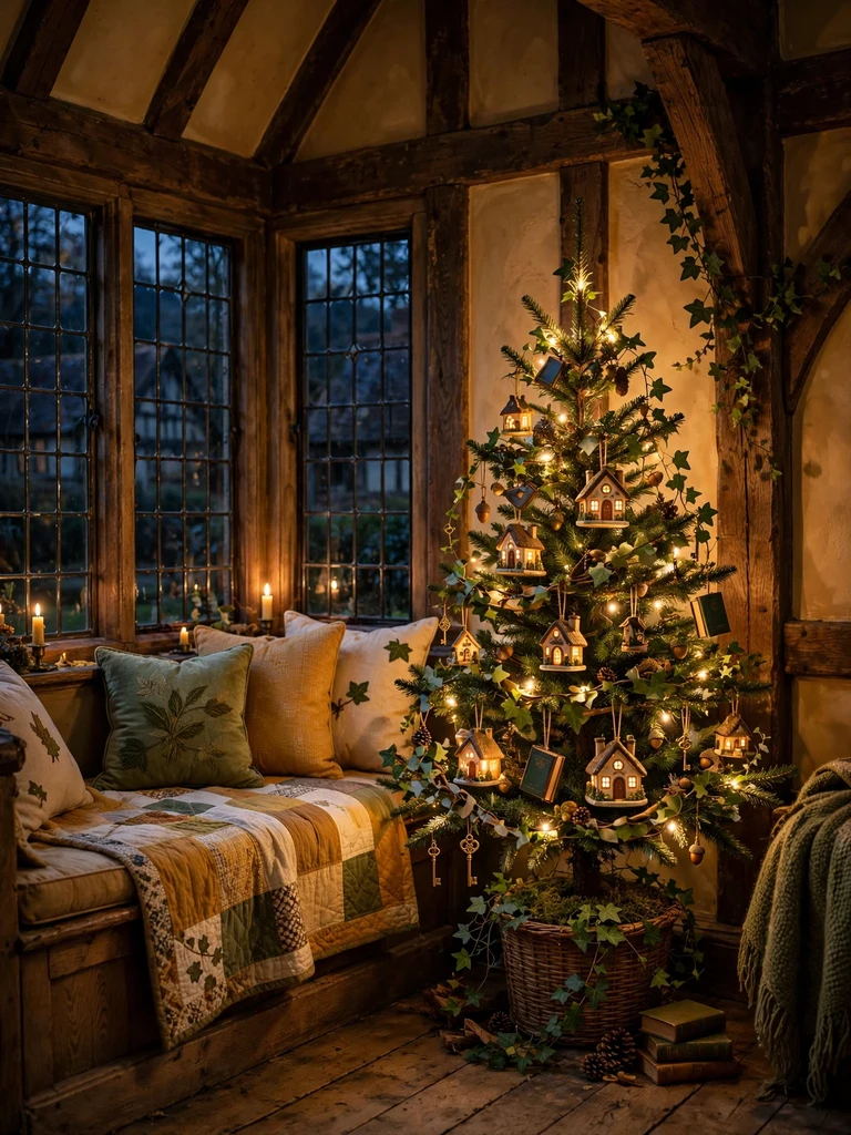 Magical Christmas tree with miniature cottage ornaments and ivy garlands in a Tudor cottage nook