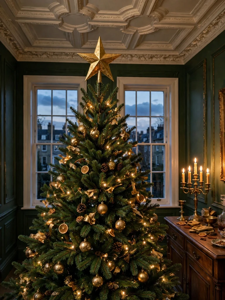 Gold star topper perfectly centered on a Christmas tree crown in a Georgian townhouse at dusk