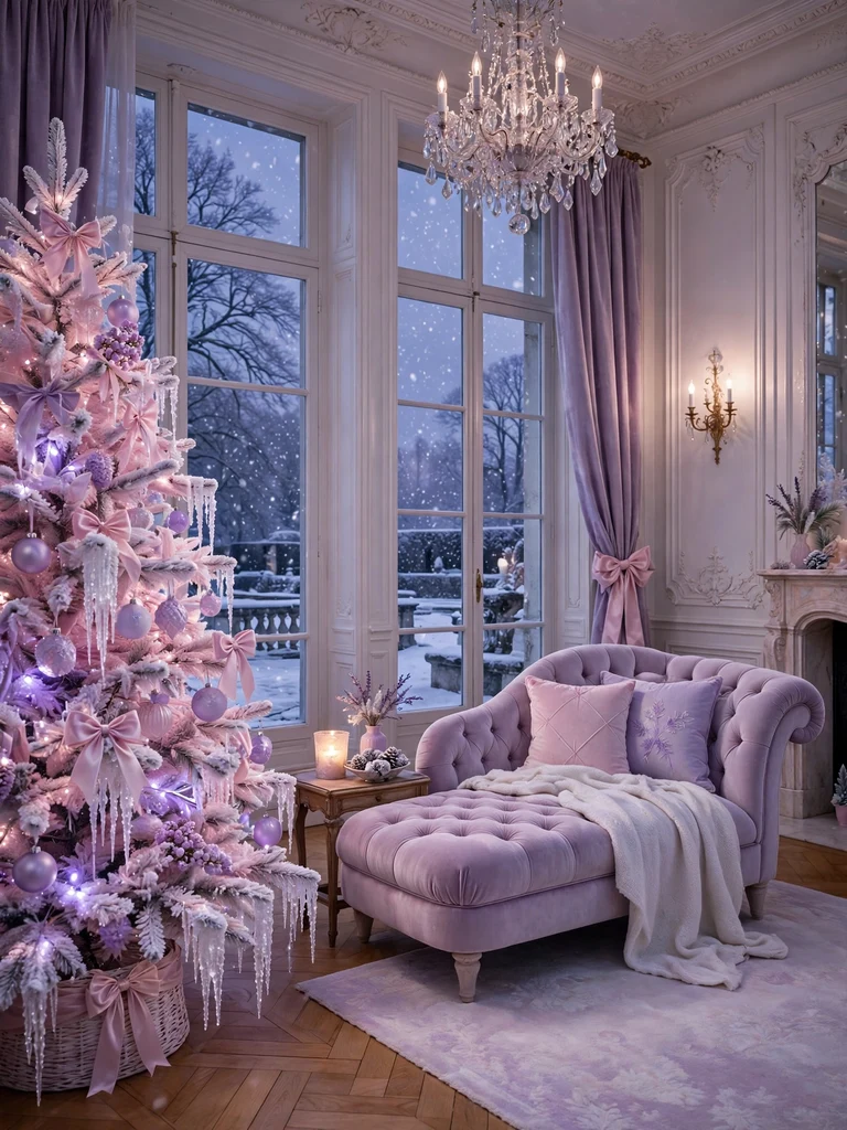 Frosted pink Christmas tree with lavender ornaments in a French chateau bedroom suite