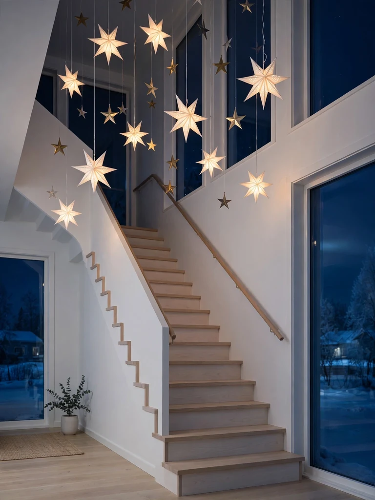 Scandinavian minimalist staircase at night with glowing paper star lanterns suspended above white oak stairs