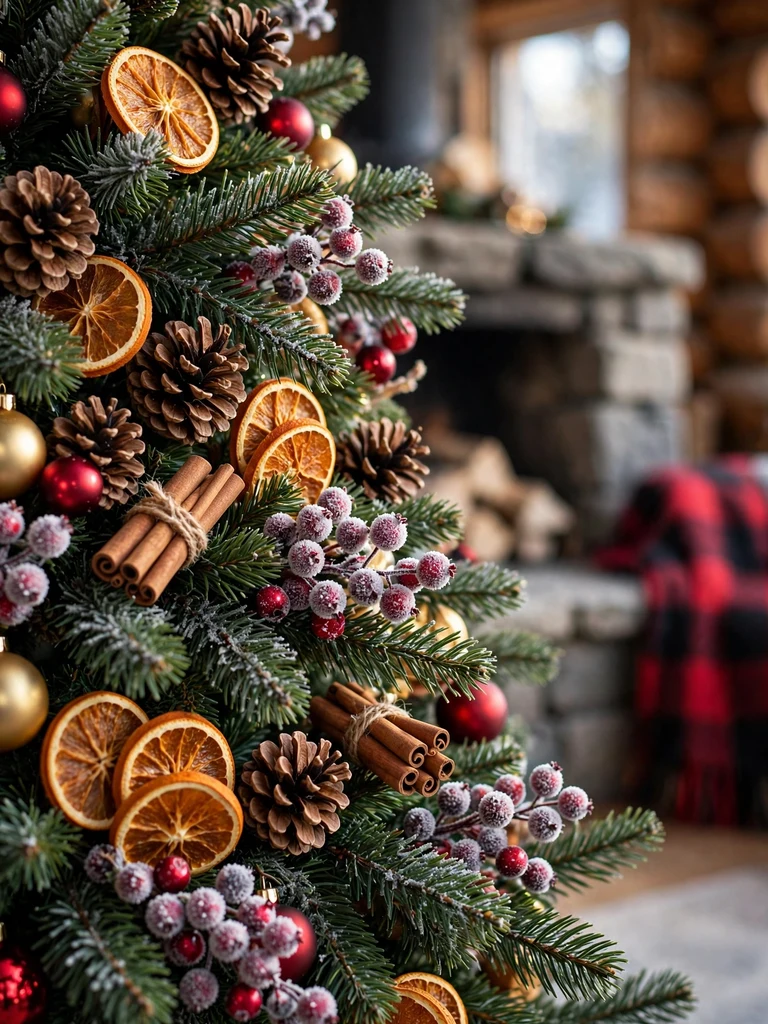 Pinecones dried orange slices and cinnamon tucked among Christmas tree branches in a log cabin
