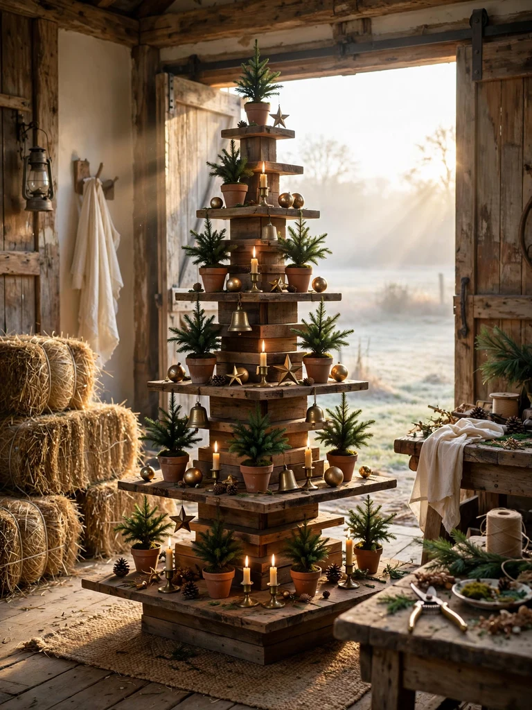 Tiered Christmas tree made of stacked reclaimed wooden planks with brass ornaments in a farmhouse barn