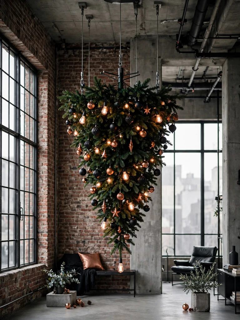 Upside-down Christmas tree hanging from an industrial loft ceiling with copper and black ornaments