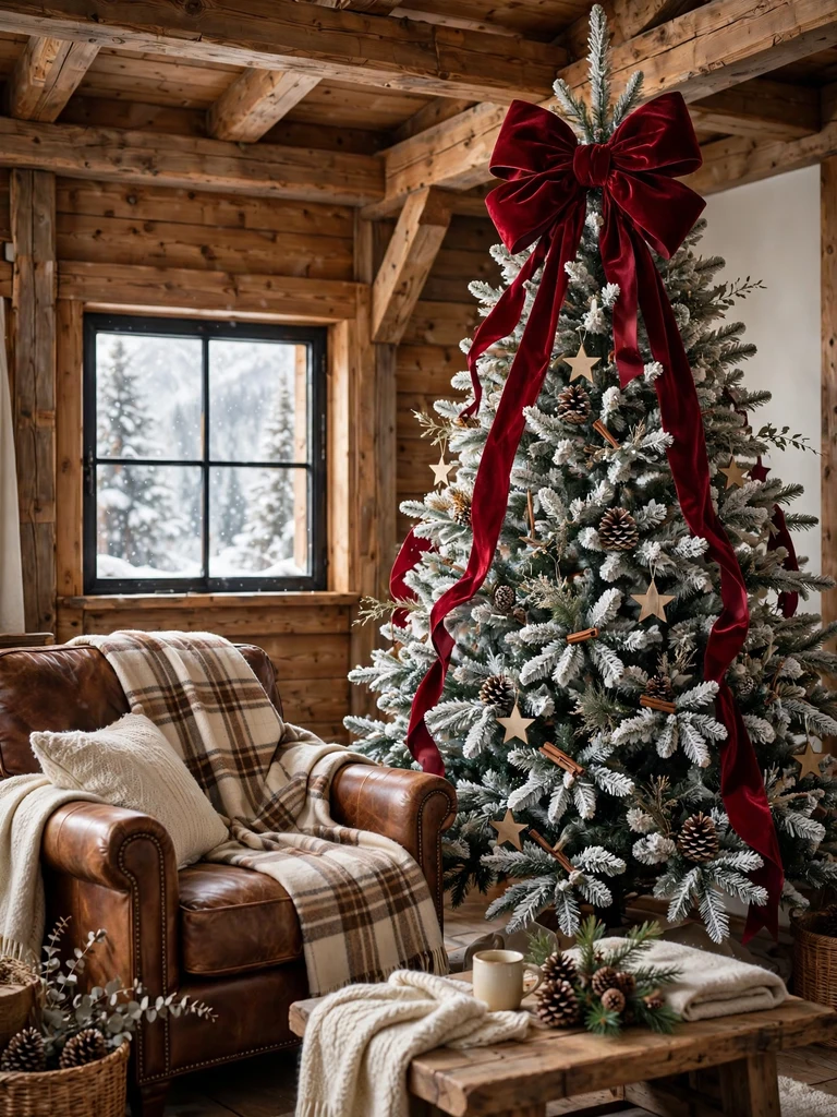 Christmas tree crowned with oversized red velvet bow in an alpine chalet living room