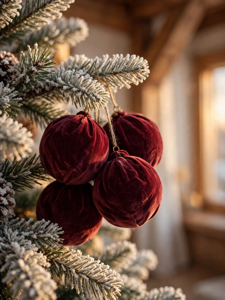 Deep burgundy velvet bauble ornaments clustered on a flocked Christmas tree branch in an alpine chalet