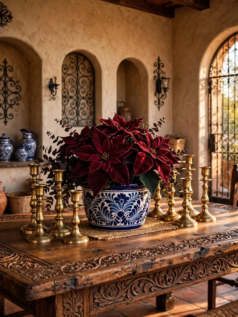 Burgundy velvet poinsettias in a Talavera pot with brass candlesticks on a mesquite table