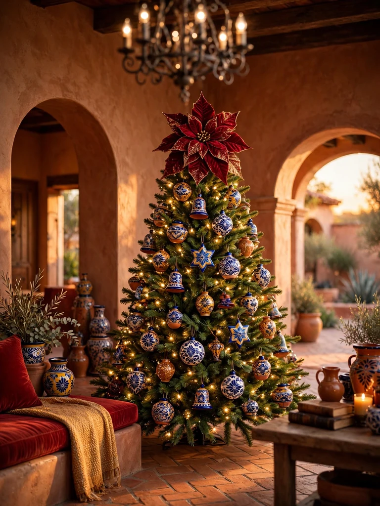 Crimson velvet poinsettia bloom tree topper in a Spanish colonial hacienda sala