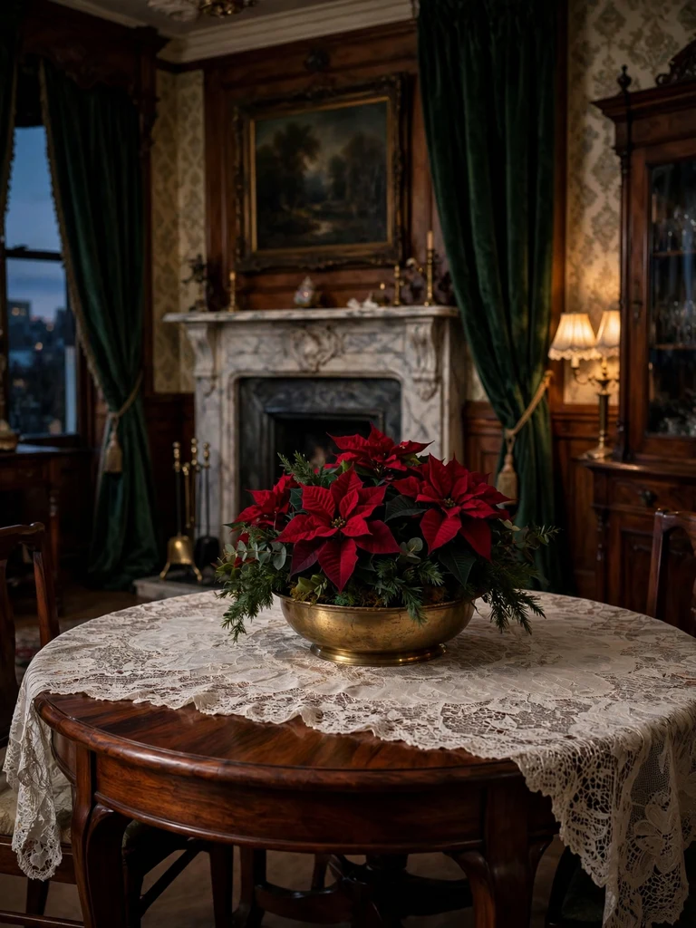 Brass bowl filled with velvety deep-red poinsettia blooms on round rosewood table