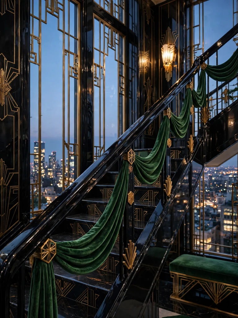 Art deco penthouse staircase at dusk with emerald velvet swags on a black lacquer handrail