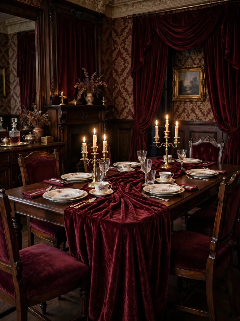 Burgundy velvet table runner cascading down a walnut dining table lit by brass candelabras in a Victorian parlor