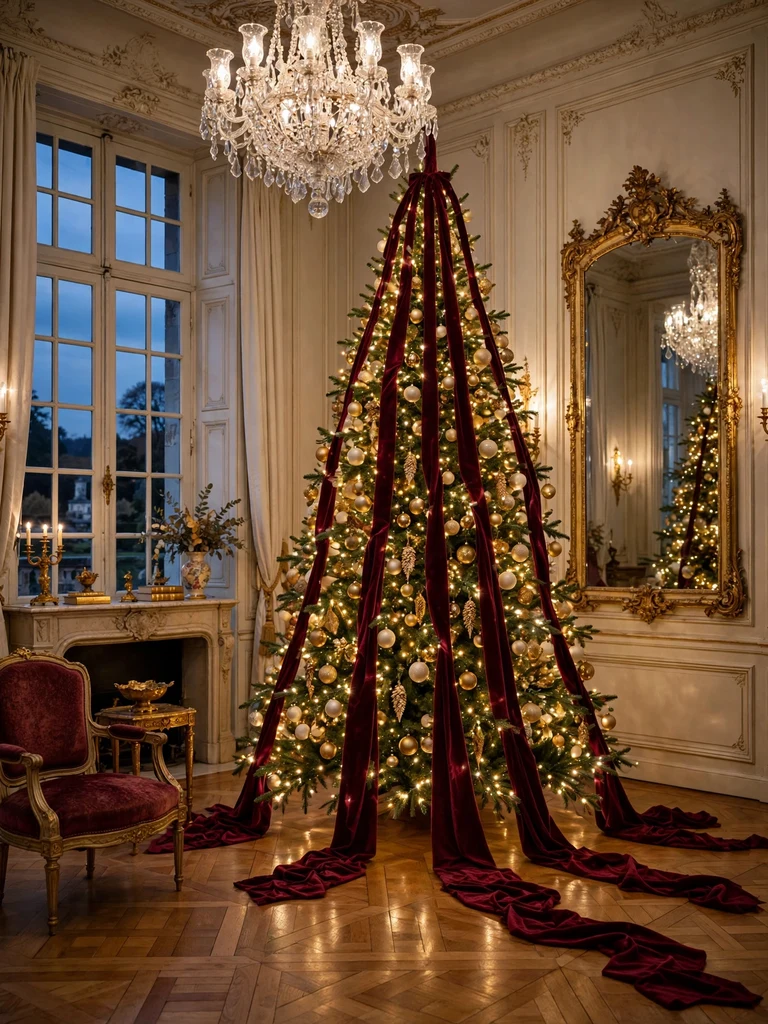 Burgundy velvet ribbon cascading vertically down a grand Christmas tree in a French chateau salon