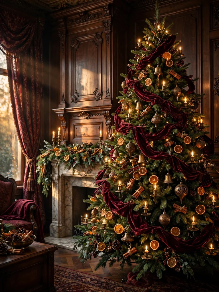 Victorian Christmas tree with burgundy velvet ribbons and antique brass ornaments in an ornate parlor