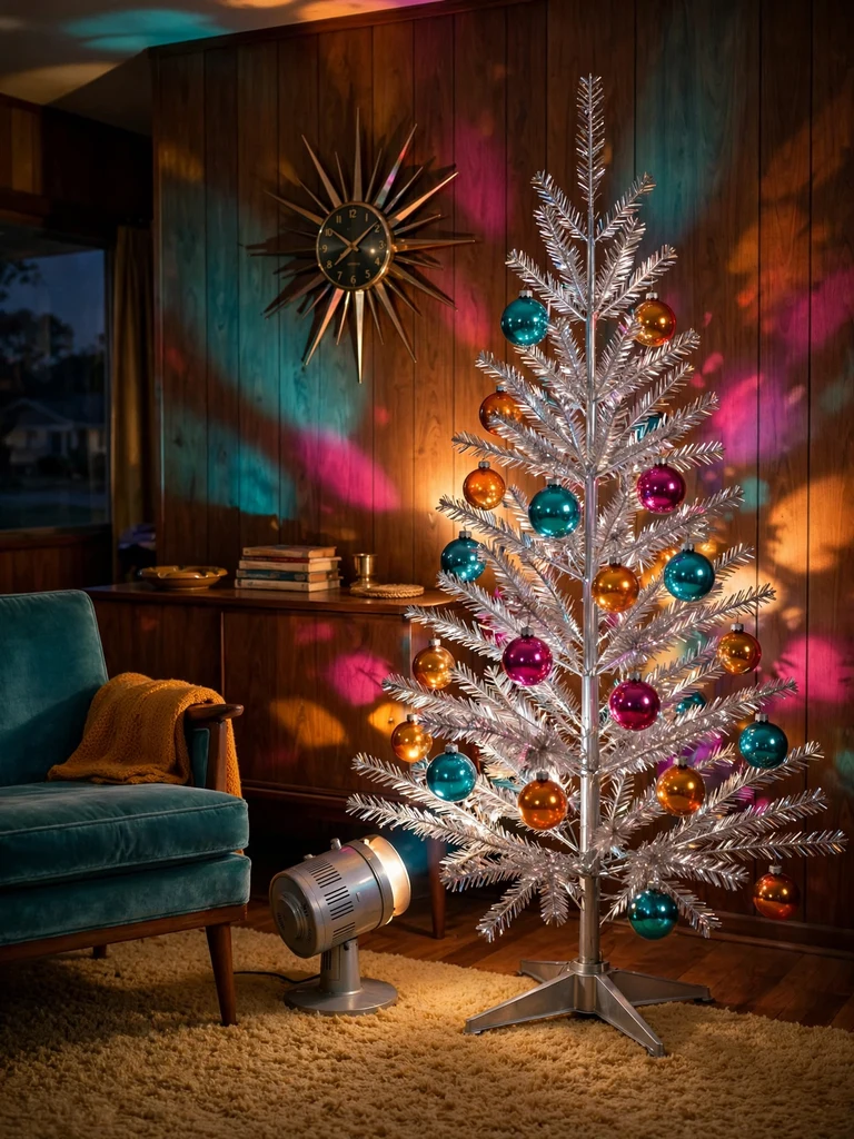 Vintage silver aluminum Christmas tree with colorful glass baubles in a 1960s ranch den