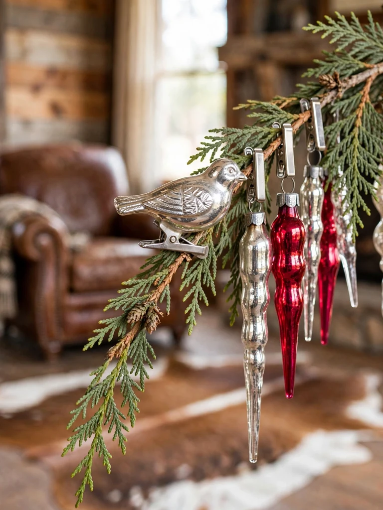 Vintage mercury glass clip-on bird and icicle ornaments on a cedar Christmas tree in a Texas ranch house