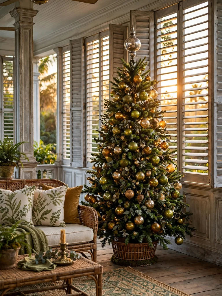Vintage mercury glass reflector tree topper in a colonial veranda room at golden hour