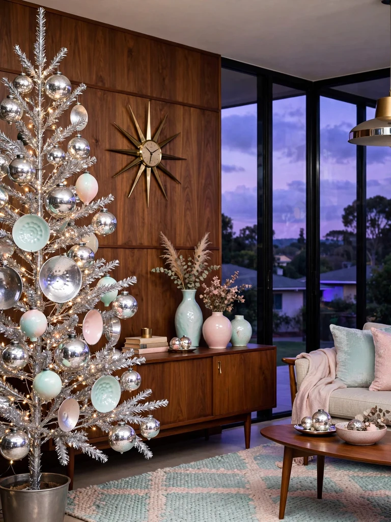 Vintage mercury glass reflector ornaments on an aluminum Christmas tree in a mid-century ranch home