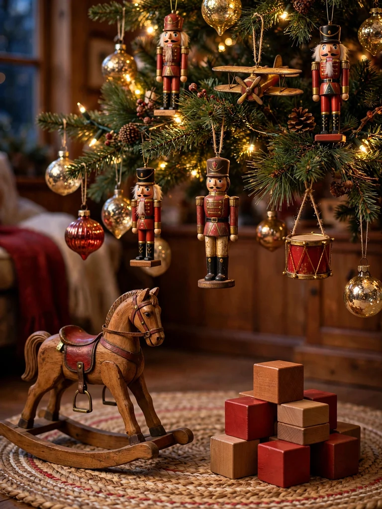 Christmas tree decorated with vintage tin toys and wooden nutcrackers in a craftsman cottage