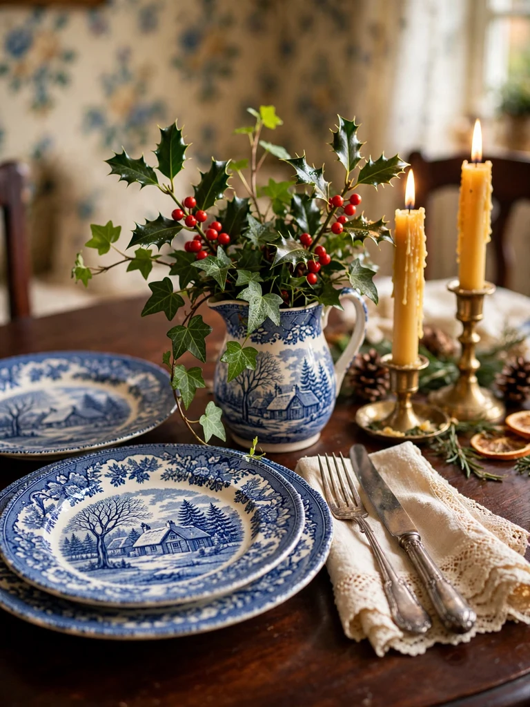 English cottage Christmas table with vintage blue transferware plates, lace napkins and holly in afternoon light