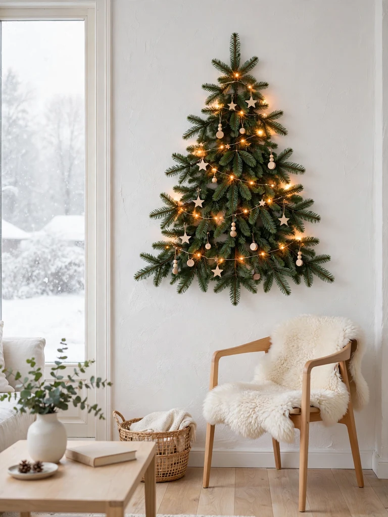 Wall-mounted flat Christmas fir of layered evergreen branches with wooden ornaments in a Scandinavian living room