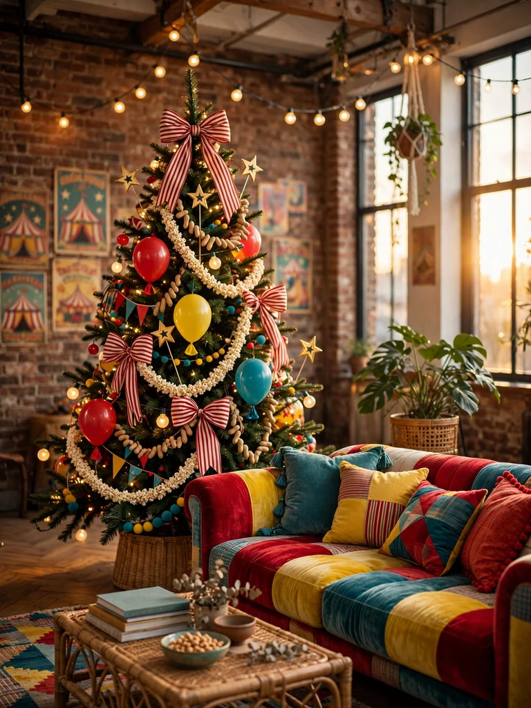 Festive Christmas tree with carnival ribbons and balloon ornaments in an eclectic loft